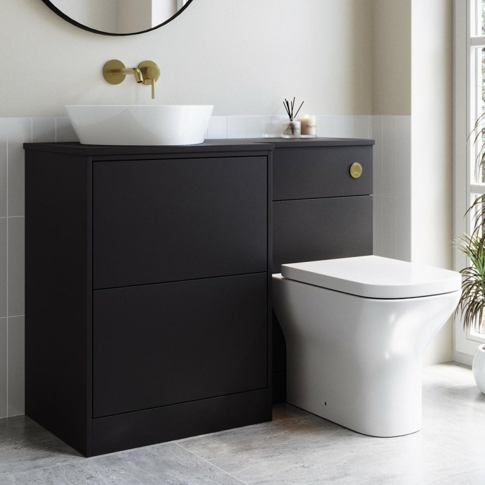 1100Mm Black Combination Unit Left Hand With Toilet, Basin And Brass Fittings- Palma Bathroom