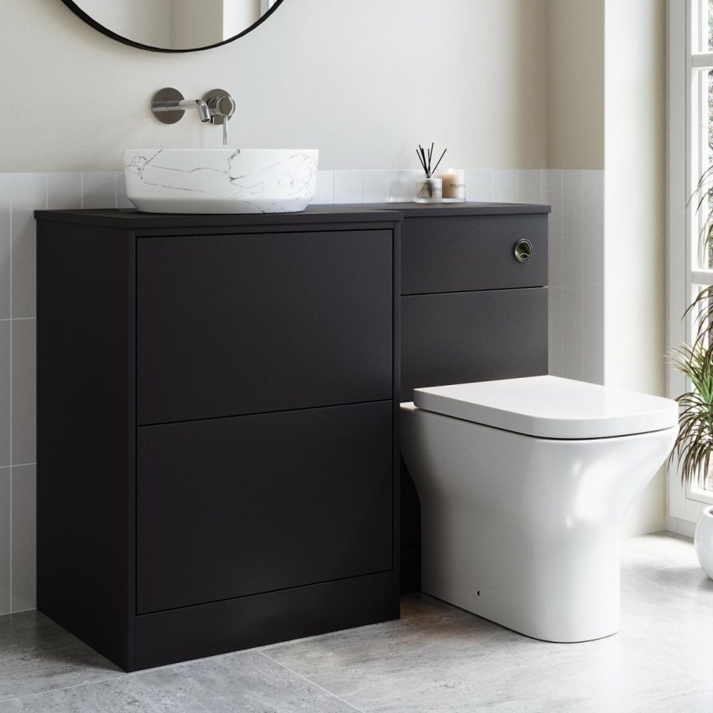 1100Mm Black Combination Unit Left Hand With Toilet, Marble Basin And Chrome Fittings- Palma Bathroom