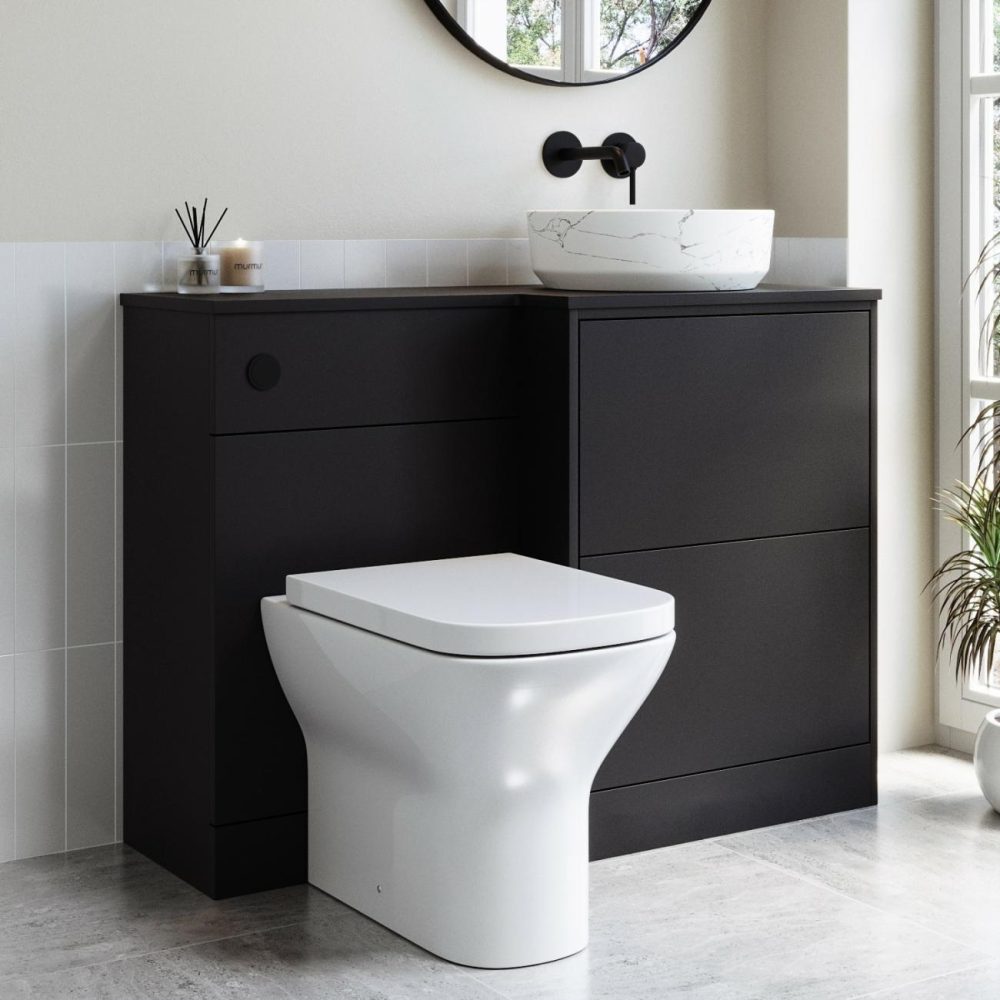 1100Mm Black Combination Unit Right Hand With Toilet, Marble Basin And Black Fittings- Palma Bathroom