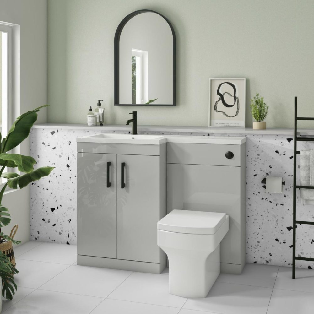 1100Mm Grey Toilet And Sink Unit Left Hand With Square Toilet And Black Fittings – Ashford Bathroom