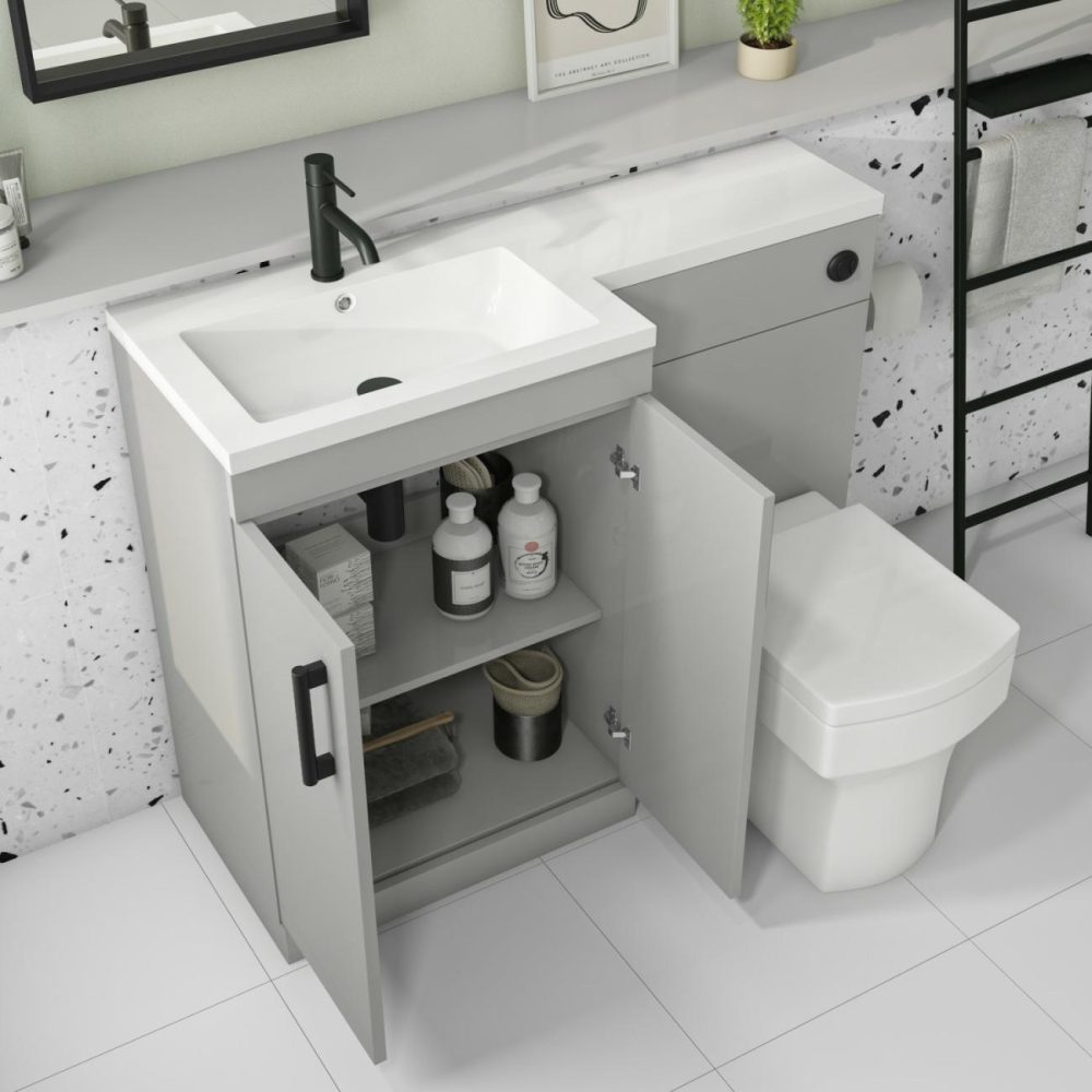 1100Mm Grey Toilet And Sink Unit Left Hand With Square Toilet And Black Fittings – Ashford Bathroom