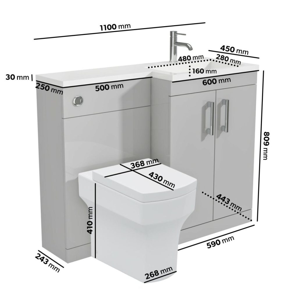 1100Mm Grey Toilet And Sink Unit Right Hand With Square Toilet And Chrome Fittings – Ashford Bathroom