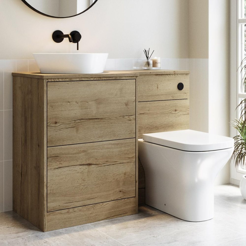 1100Mm Oak Combination Unit Left Hand With Toilet, Basin, And Black Fittings- Palma Bathroom