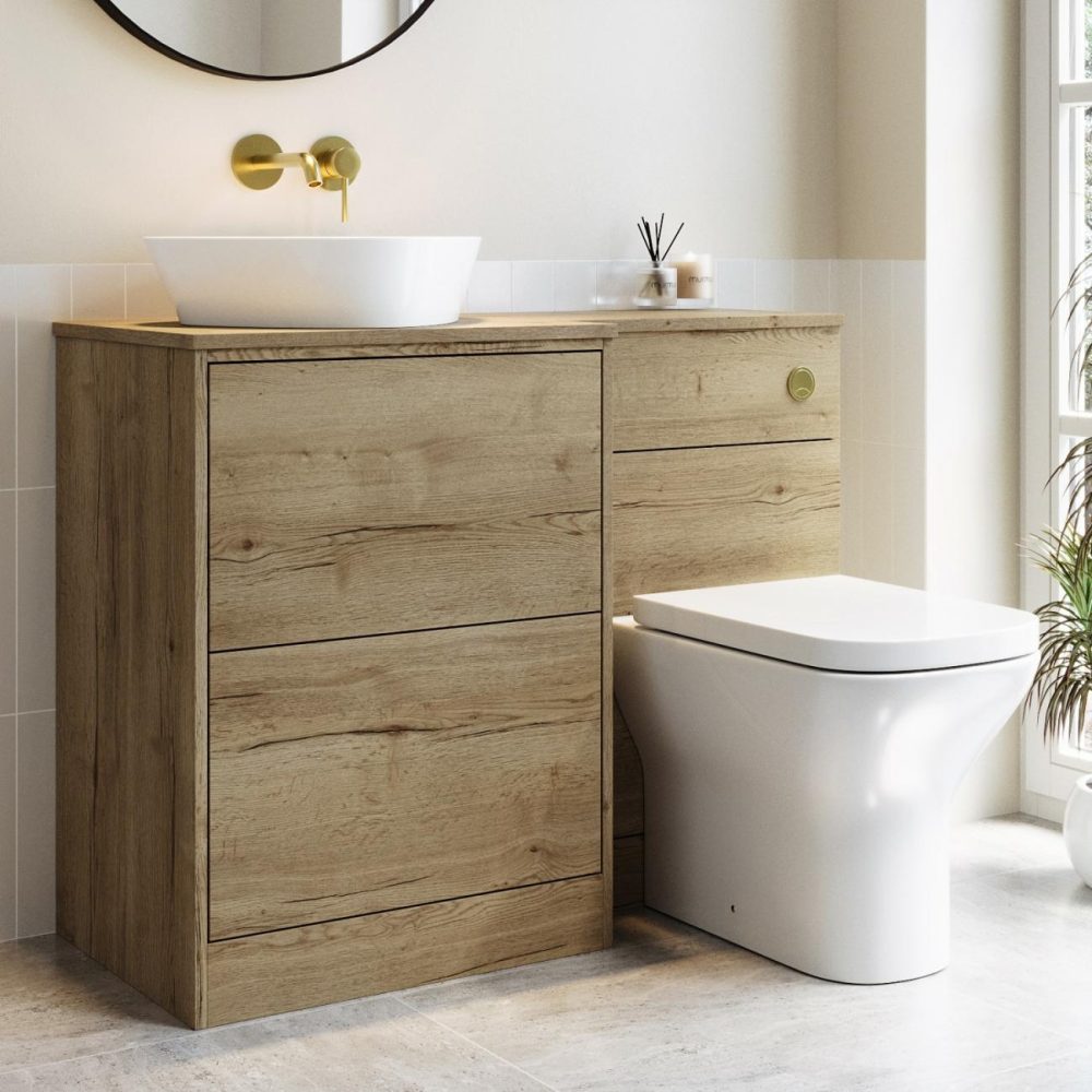 1100Mm Oak Combination Unit Left Hand With Toilet, Basin, And Brass Fittings- Palma Bathroom