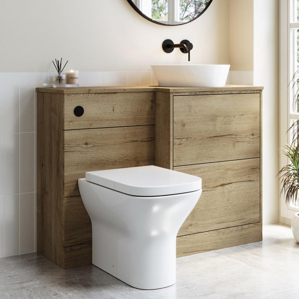 1100Mm Oak Combination Unit Right Hand With Toilet, Basin, And Black Fittings- Palma Bathroom