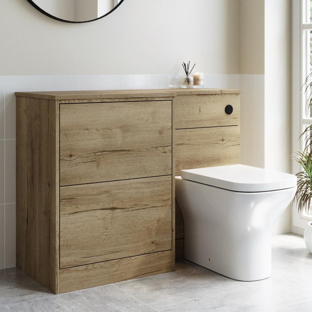 1100Mm Oak Toilet And Sink Unit Left Hand With Square Toilet And Black Fittings – Palma Bathroom