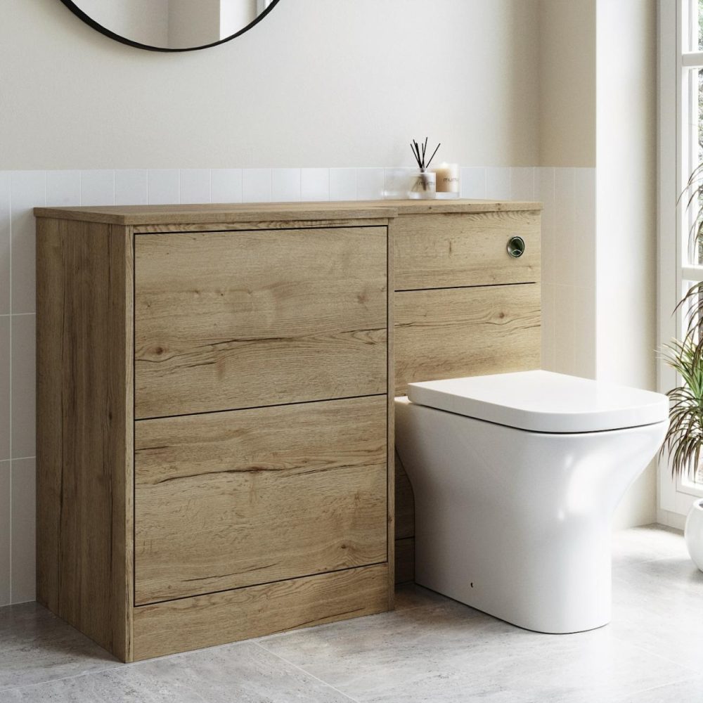 1100Mm Oak Toilet And Sink Unit Left Hand With Square Toilet And Chrome Fittings – Palma Bathroom