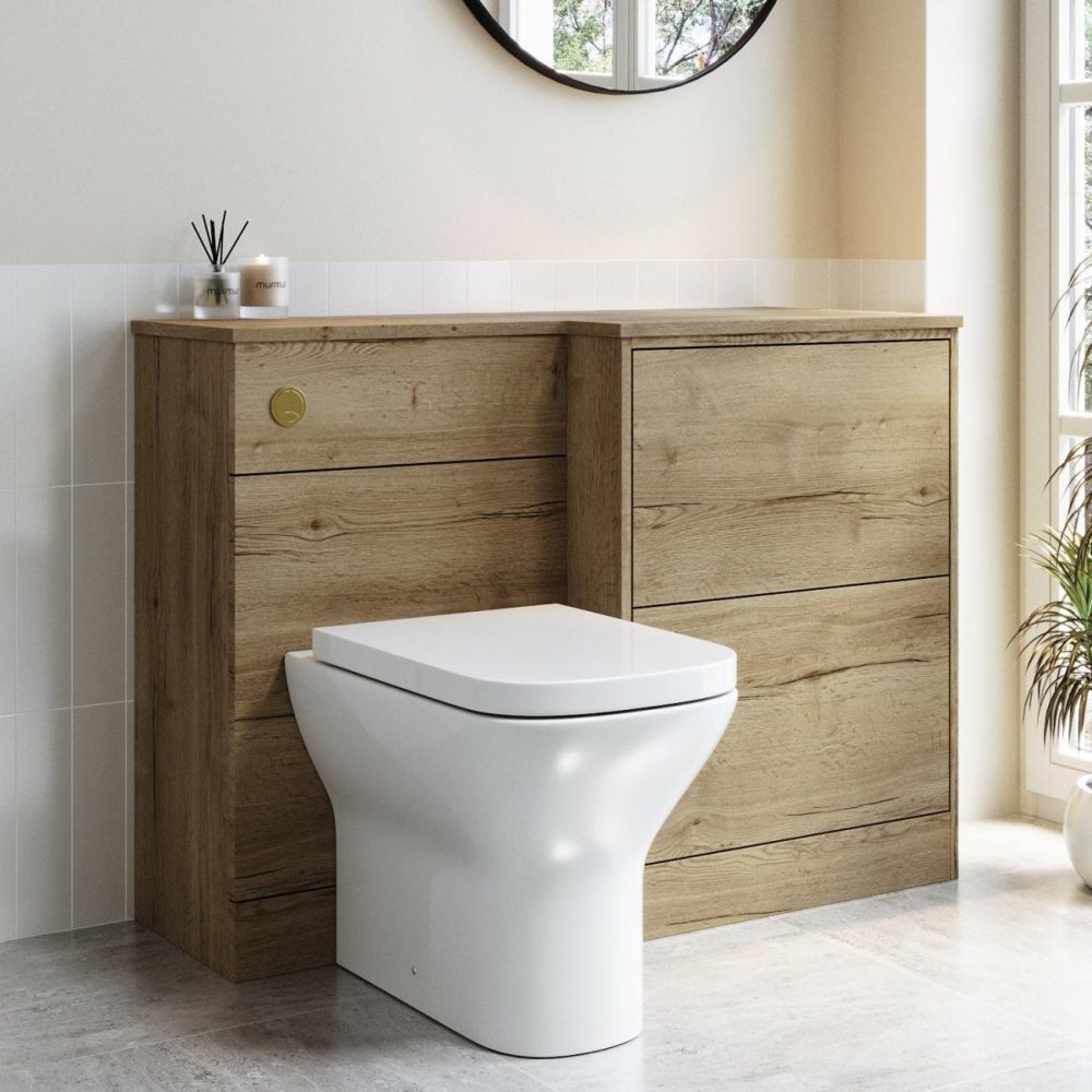 1100Mm Oak Toilet And Sink Unit Right Hand With Square Toilet And Brass Fittings – Palma Bathroom