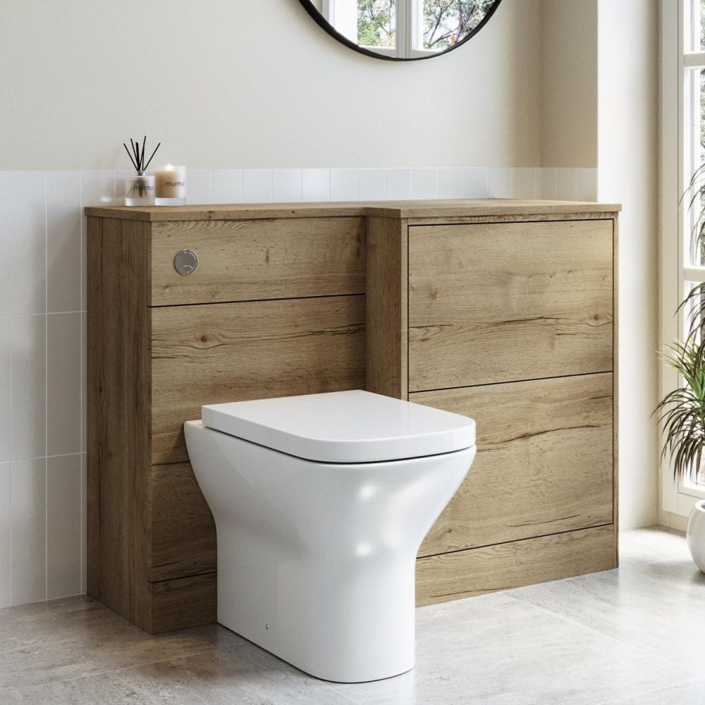 1100Mm Oak Toilet And Sink Unit Right Hand With Square Toilet And Chrome Fittings – Palma Bathroom