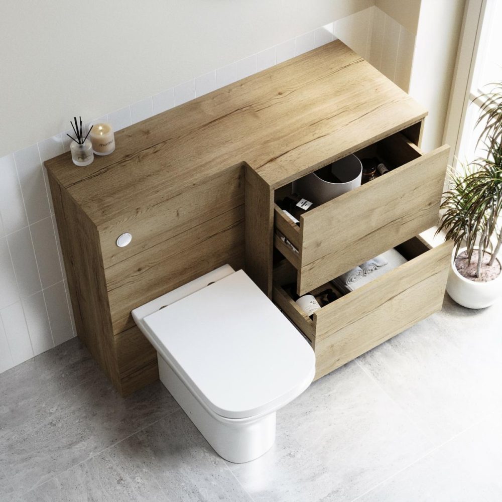 1100Mm Oak Toilet And Sink Unit Right Hand With Square Toilet And Chrome Fittings – Palma Bathroom