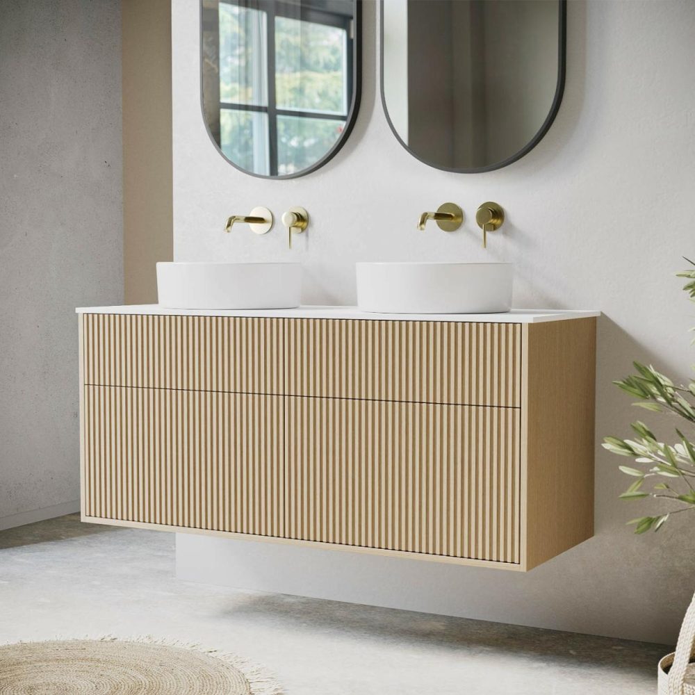 1250Mm Wooden Fluted Wall Hung Countertop Double Vanity Unit With Round Basins – Matira Bathroom