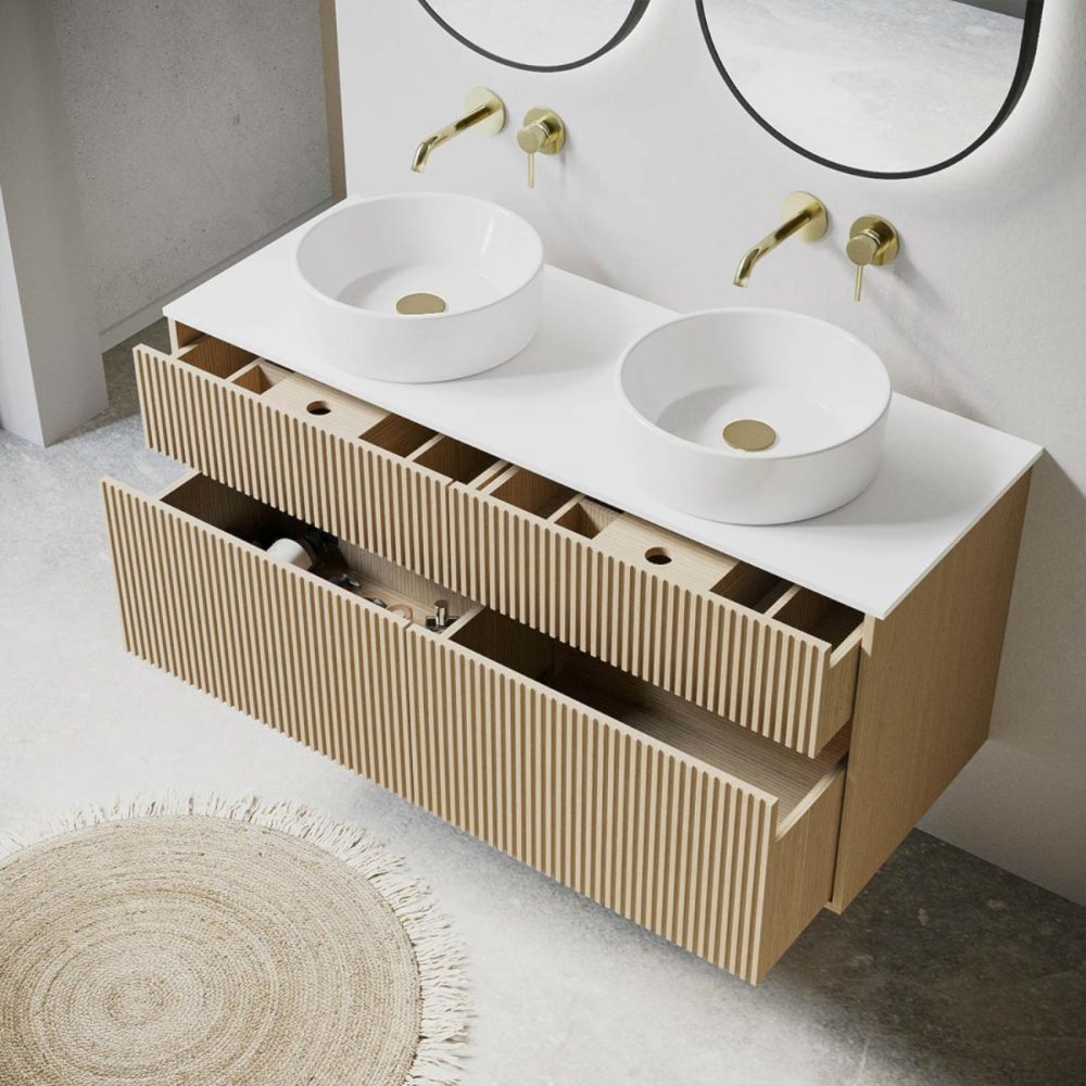 1250Mm Wooden Fluted Wall Hung Countertop Double Vanity Unit With Round Basins – Matira Bathroom