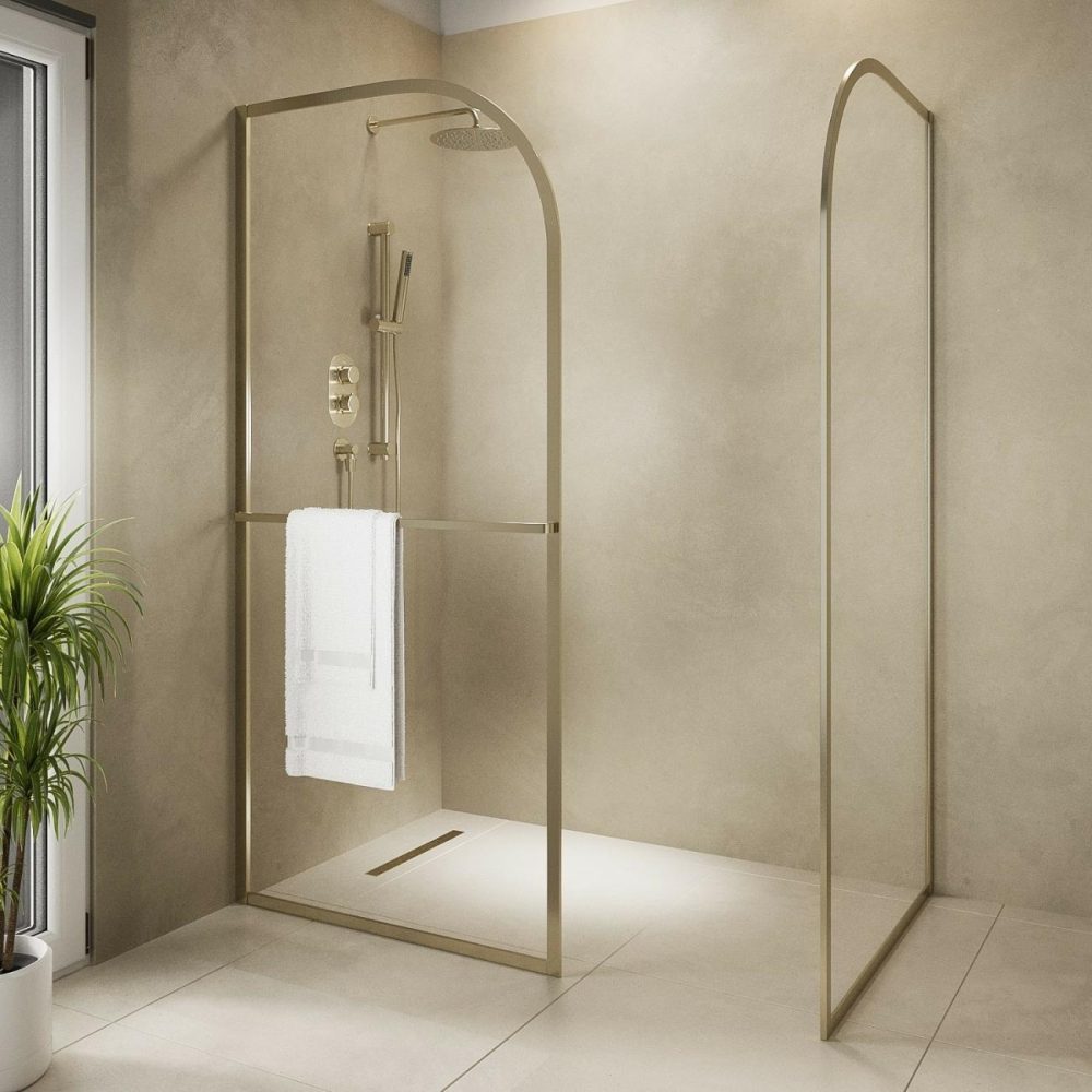 1400X900Mm Brushed Brass Curved Walk In Shower Enclosure With Towel Rail – Raya Bathroom