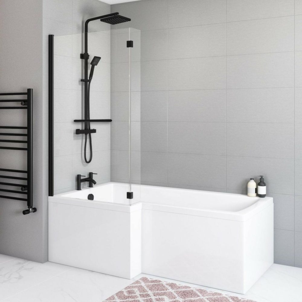 1500 X 850 L Shaped Shower Bath Left Hand With Front Panel & Matt Black Bath Screen With Towel Rail Bathroom