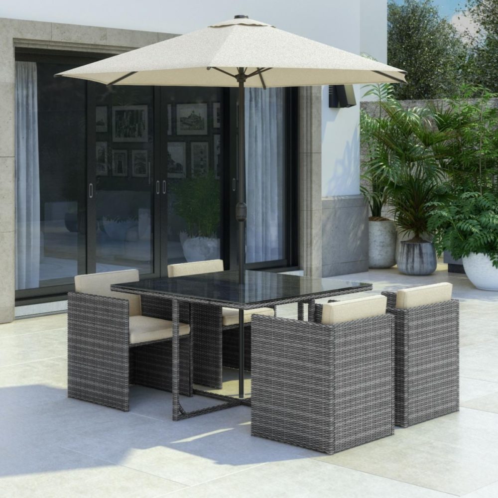 4 Seater Grey Rattan Garden Dining Set – Parasol Included – Fortrose Cube Sets