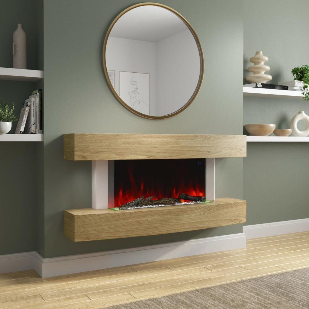 47 Inch Curved Light Oak Effect Wall Mounted Smart Wifi Electric Fire – Amberglo Fireplace Suites