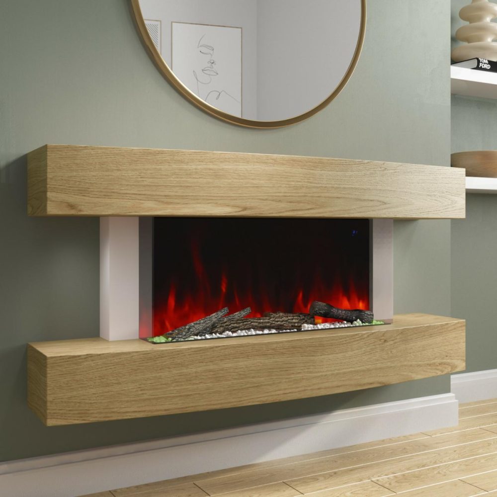 47 Inch Curved Light Oak Effect Wall Mounted Smart Wifi Electric Fire – Amberglo Fireplace Suites