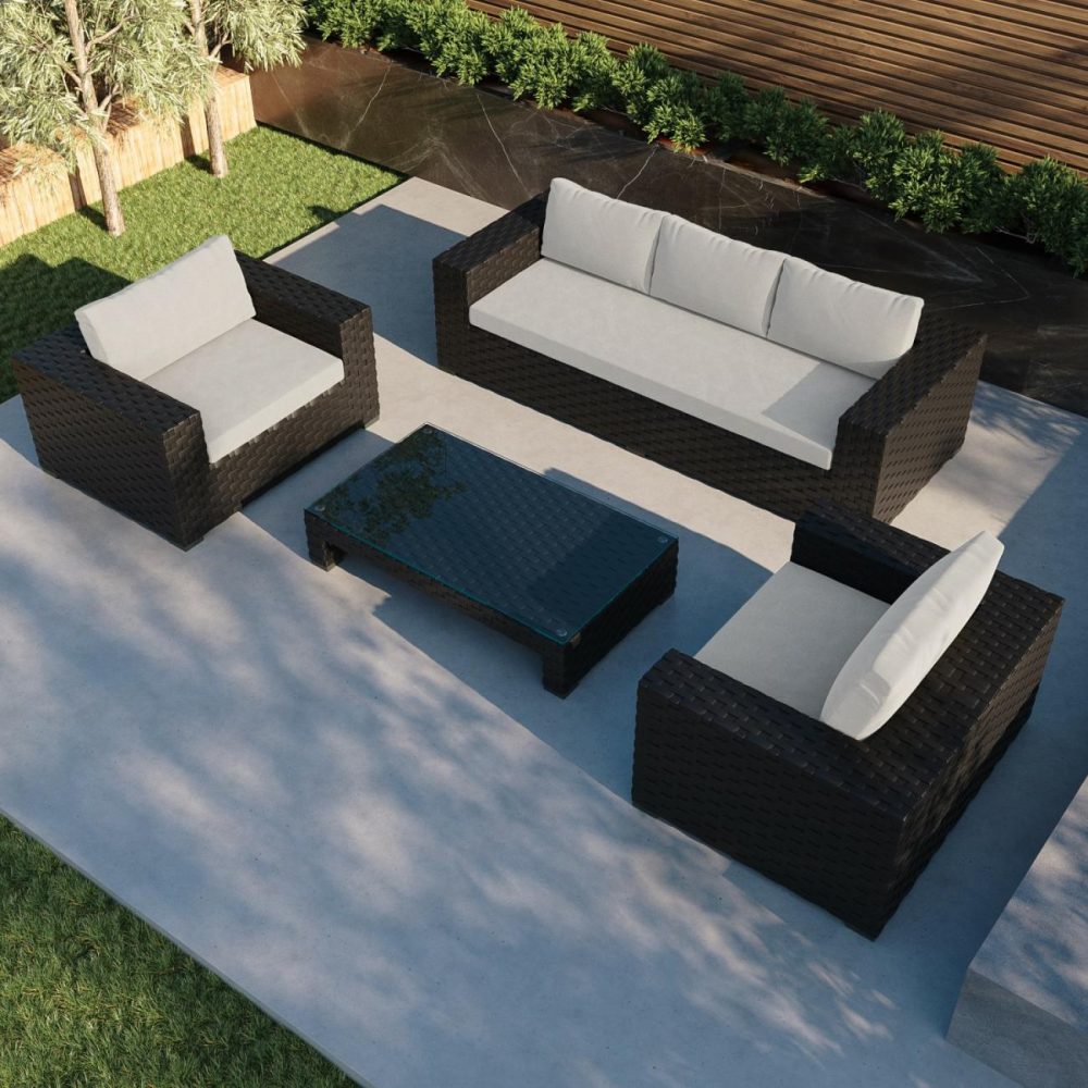 5 Seater Thick Weave Black Rattan Garden Sofa Set With Armchairs & Coffee Table – Aspen Garden