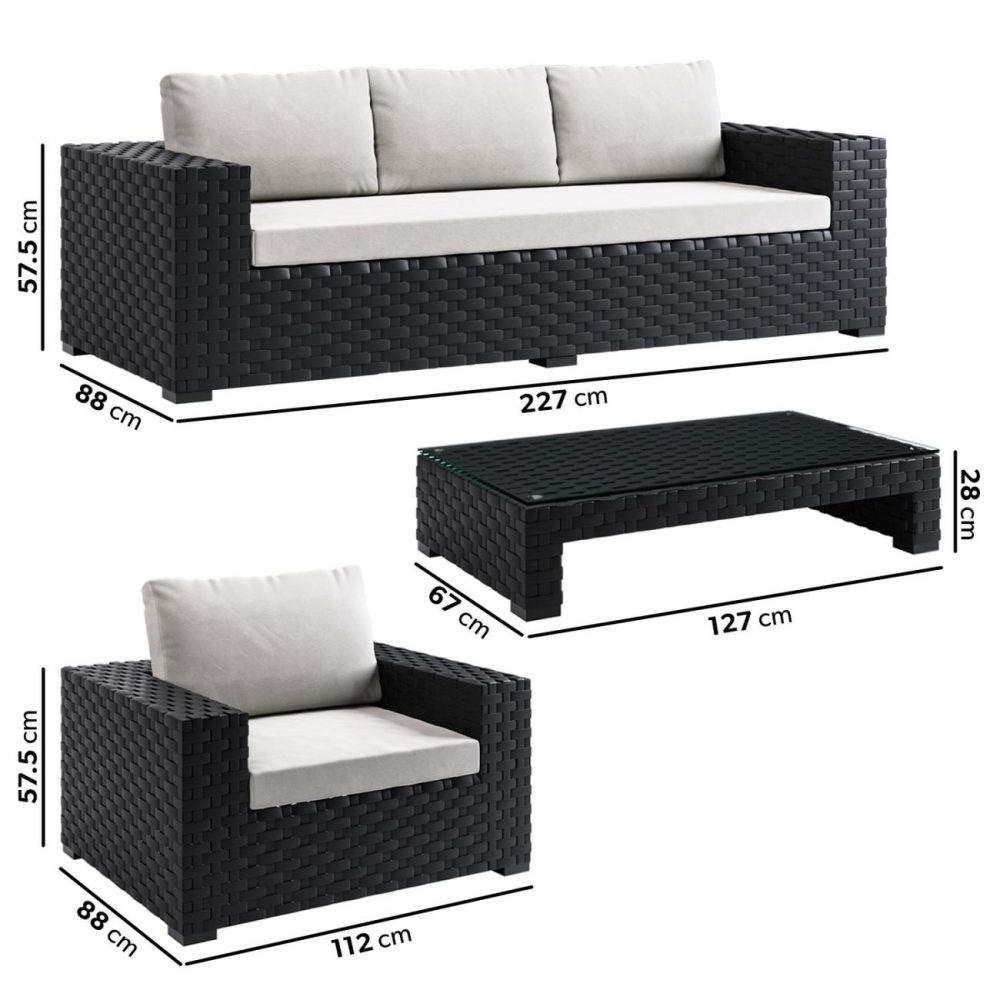 5 Seater Thick Weave Black Rattan Garden Sofa Set With Armchairs & Coffee Table – Aspen Garden