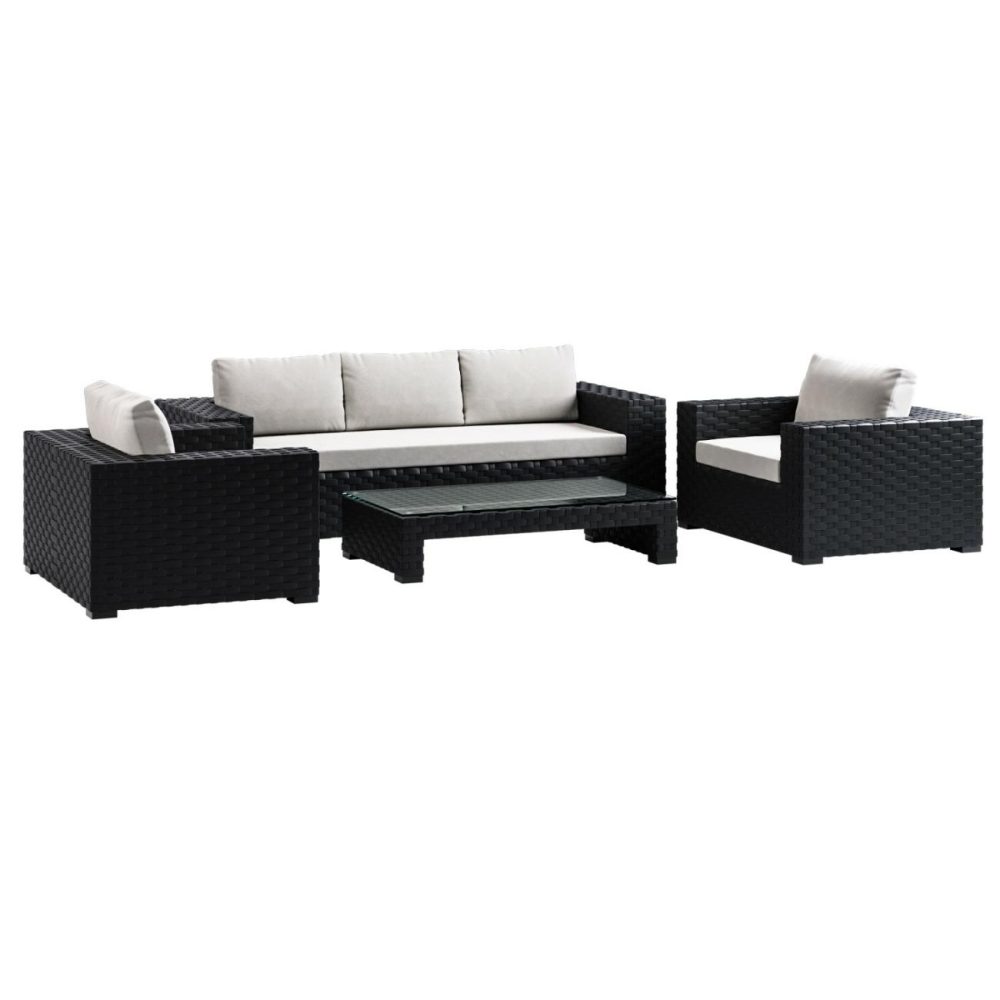 5 Seater Thick Weave Black Rattan Garden Sofa Set With Armchairs & Coffee Table – Aspen Garden