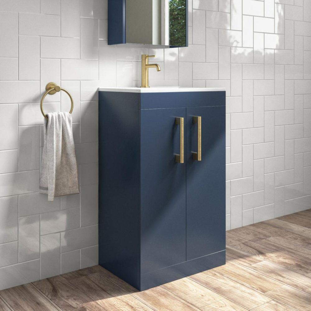 500Mm Blue Freestanding Vanity Unit With Basin And Brass Handle – Ashford Bathroom