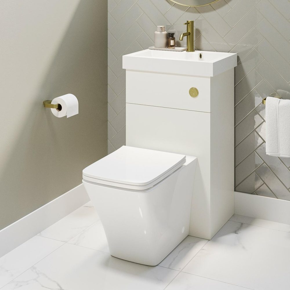 500Mm White Cloakroom Toilet And Sink Unit With Square Toilet And Brushed Brass Fittings – Valetta Bathroom