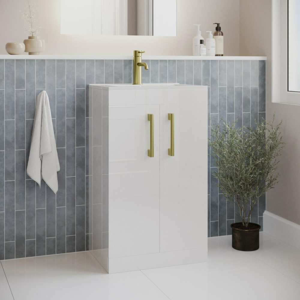 500Mm White Freestanding Vanity Unit With Basin And Brass Handles – Ashford Bathroom