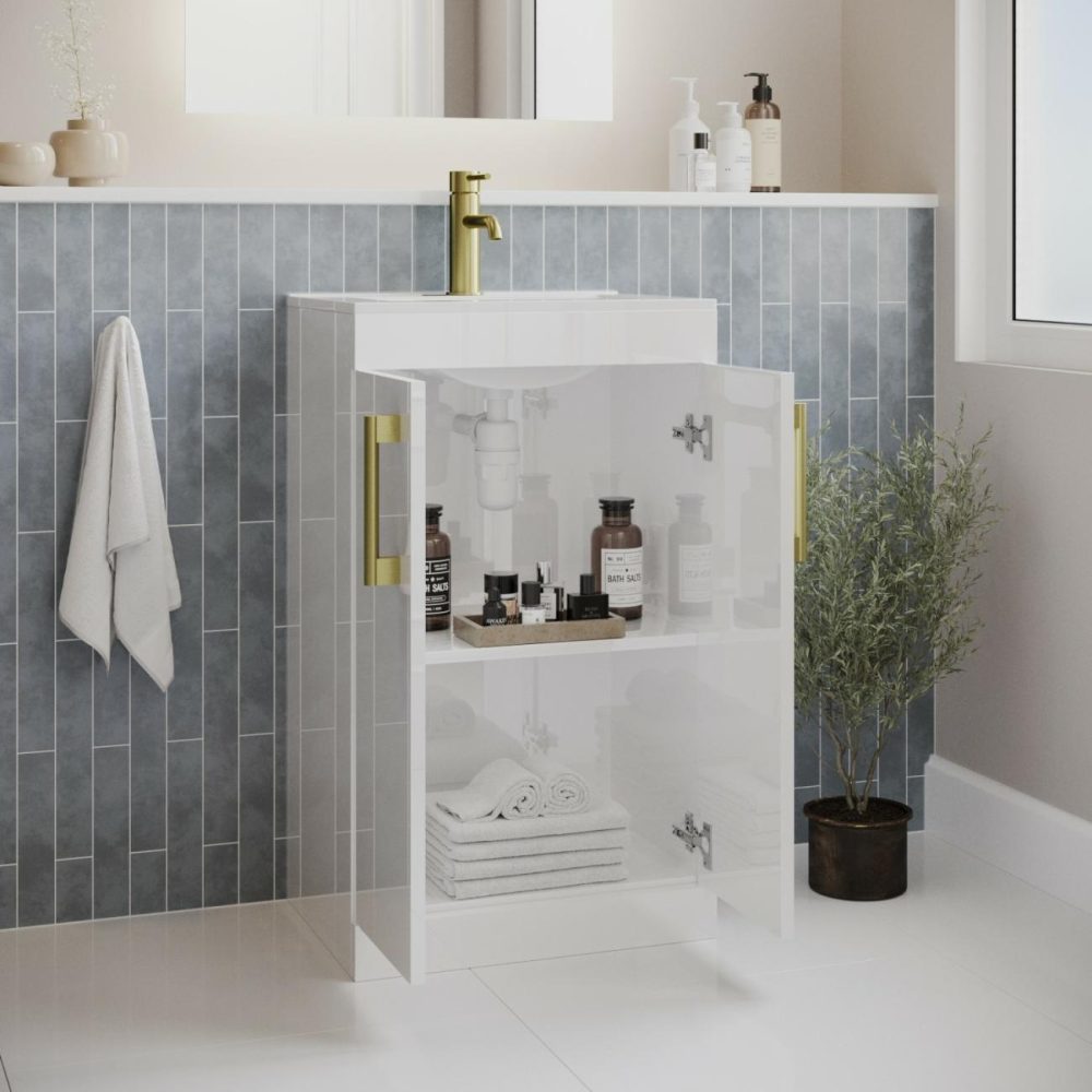 500Mm White Freestanding Vanity Unit With Basin And Brass Handles – Ashford Bathroom