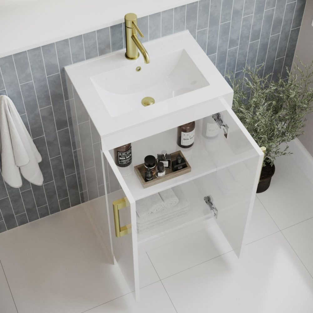 500Mm White Freestanding Vanity Unit With Basin And Brass Handles – Ashford Bathroom