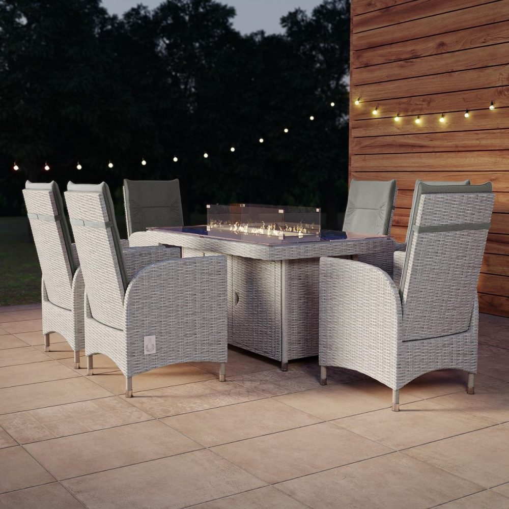 6 Seater Grey Rattan Reclining Garden Dining Set With Fire Pit Table – Aspen Dining Sets