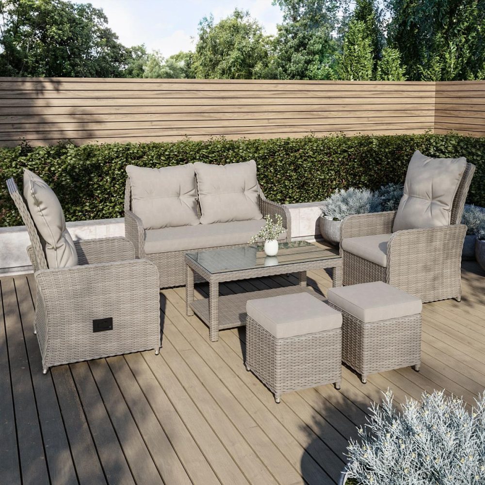 6 Seater Light Rattan Sofa Set With Glass Top Coffee Table – Fortrose Garden