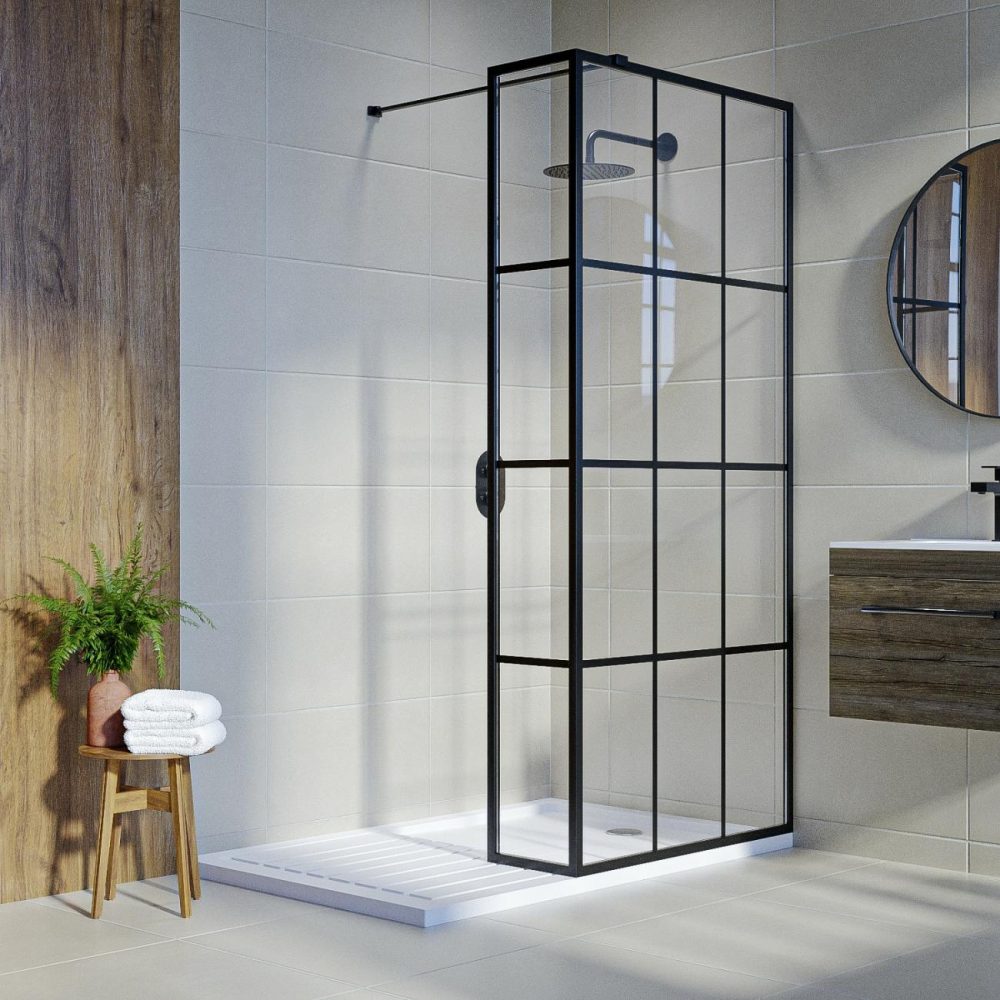 700Mm Black Grid Framework Wet Room Shower Screen With 300Mm Fixed Panel – Nova Bathroom