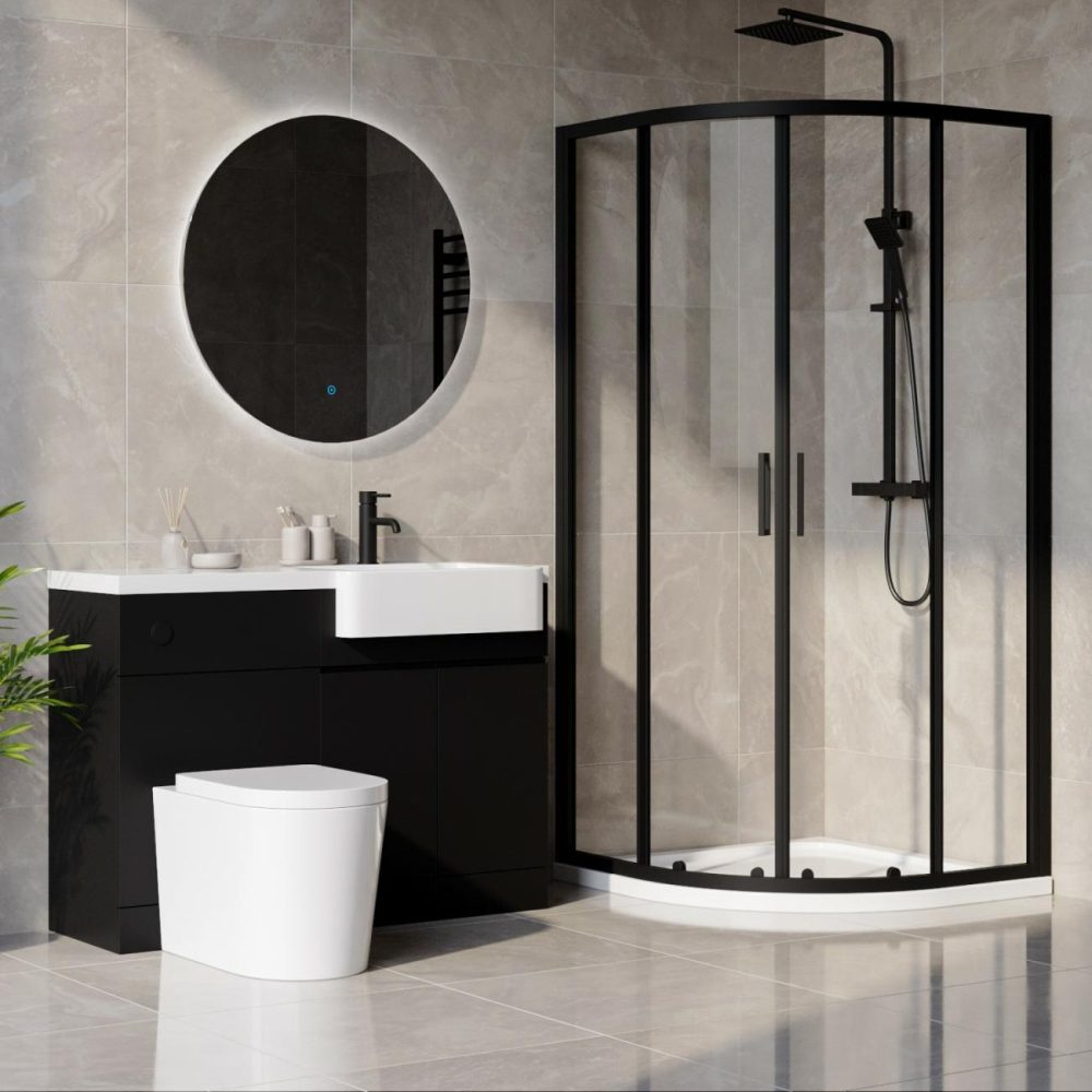 800Mm Black Quadrant Shower Enclosure Bathroom Suite With Right Hand Toilet & Sink Unit – Pavo Bathroom