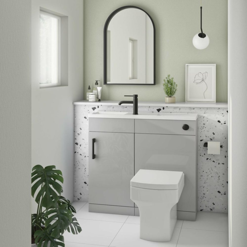 900Mm Grey Cloakroom Toilet And Sink Unit With Square Toilet And Black Fittings – Ashford Bathroom