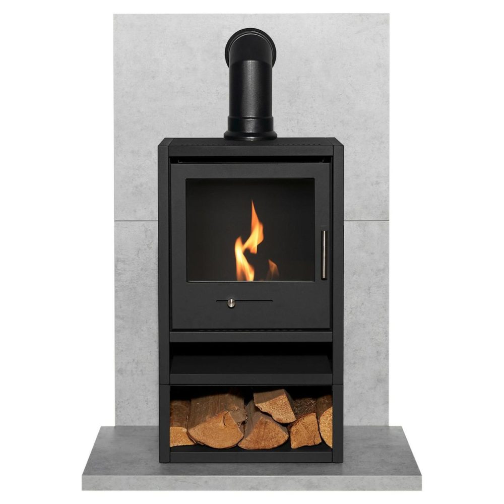 Acantha Tile & Hearth Set In Concrete Effect With Oko S1 Stove Log Store & Angled Pipe Bio Ethanol