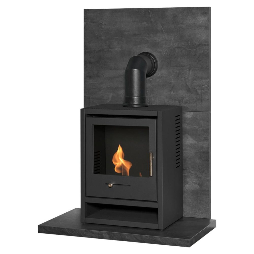 Acantha Tile & Hearth Set In Slate Venetian Plaster Effect With Stove & Angled Pipe Bio Ethanol