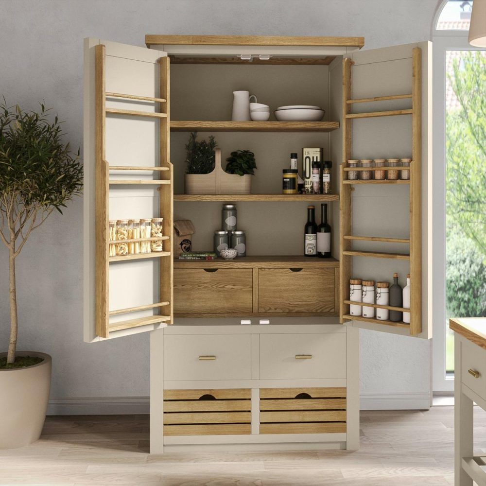 Beige Double Freestanding Kitchen Larder With Oak Crate Drawers – Emilia Dining