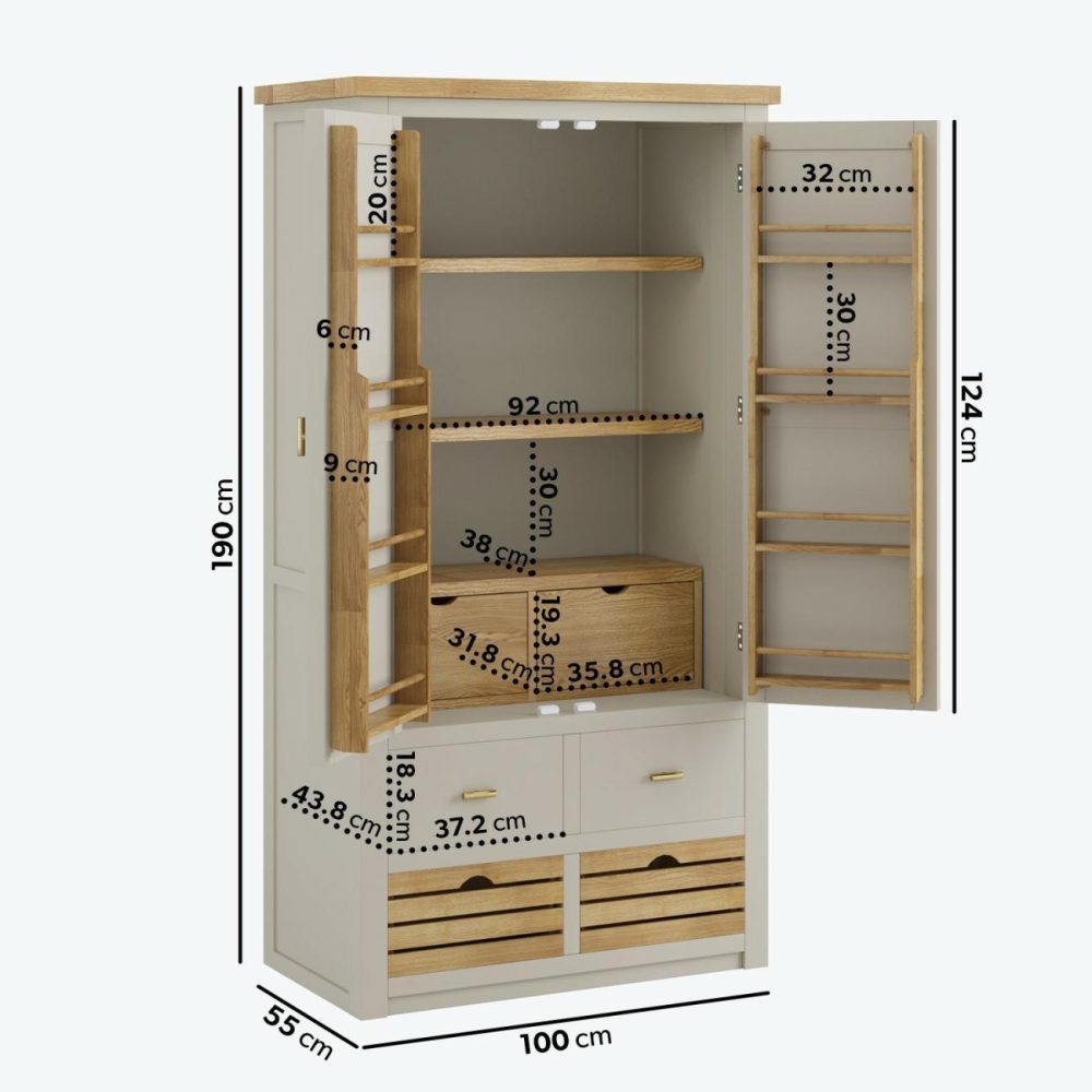 Beige Double Freestanding Kitchen Larder With Oak Crate Drawers – Emilia Dining