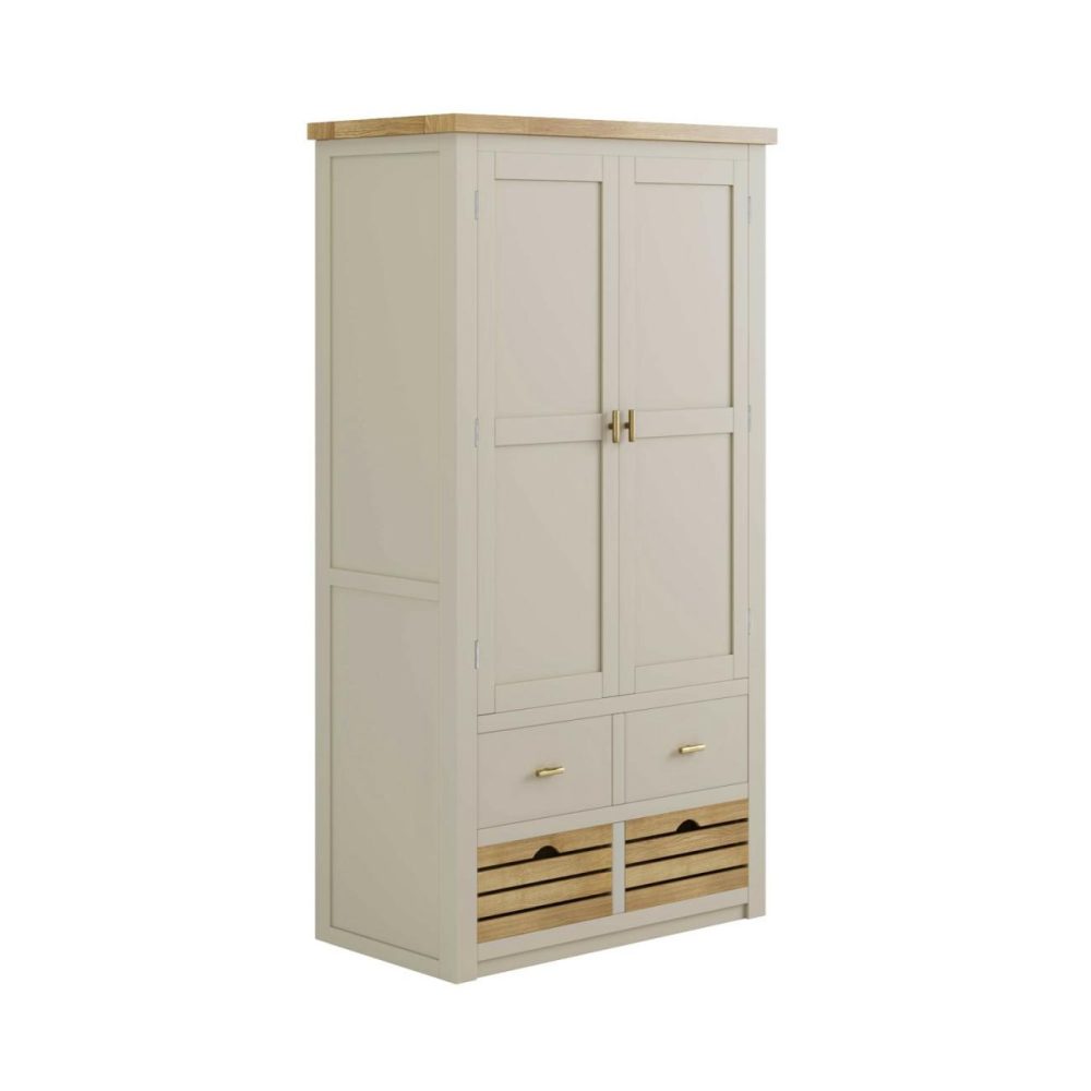 Beige Double Freestanding Kitchen Larder With Oak Crate Drawers – Emilia Dining