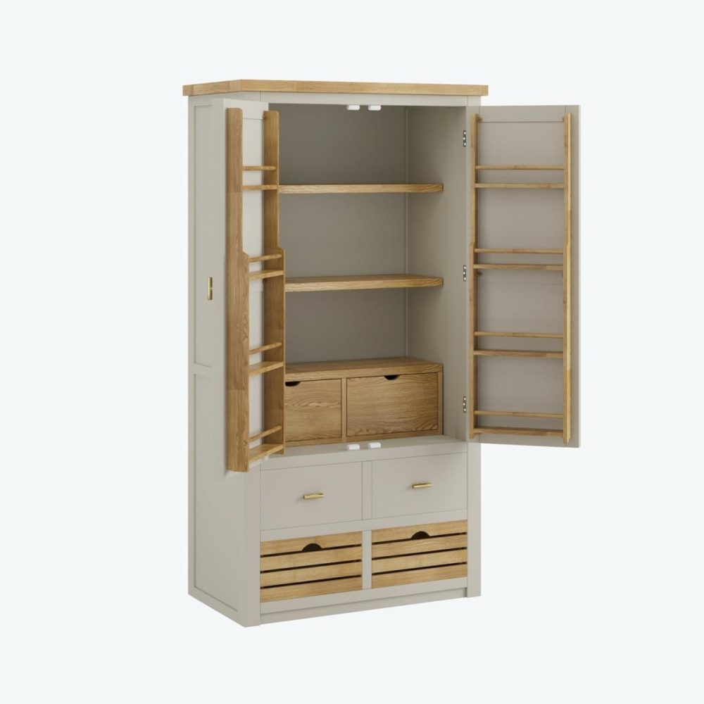 Beige Double Freestanding Kitchen Larder With Oak Crate Drawers – Emilia Dining