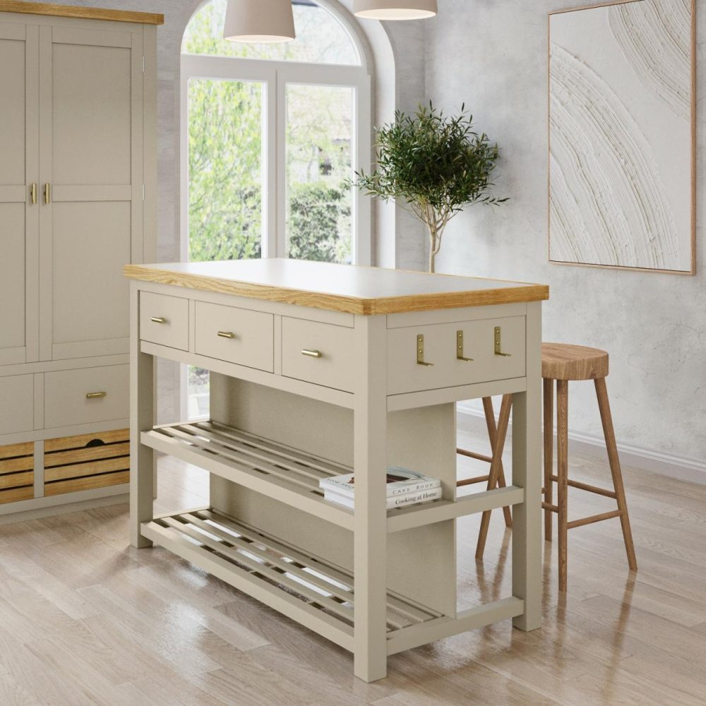 Beige Freestanding Kitchen Island With Storage & Stone Top – 140Cm – Emilia Dining