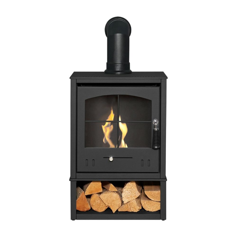 Bio Ethanol Stove With Log Storage In Charcoal Grey With Angled Stove Pipe Bio Ethanol