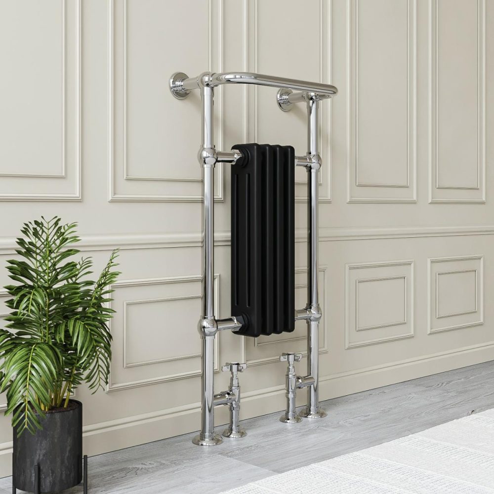 Black And Chrome Traditional Column Radiator With Towel Rail 952 X 479Mm – Regent Heating