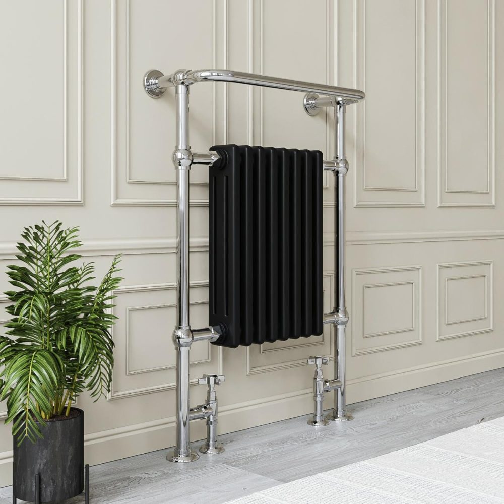 Black And Chrome Traditional Column Radiator With Towel Rail 952 X 659Mm – Regent Heating