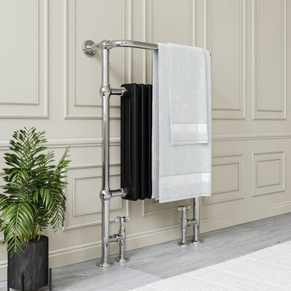 Black And Chrome Traditional Column Radiator With Towel Rail 952 X 659Mm – Regent Heating