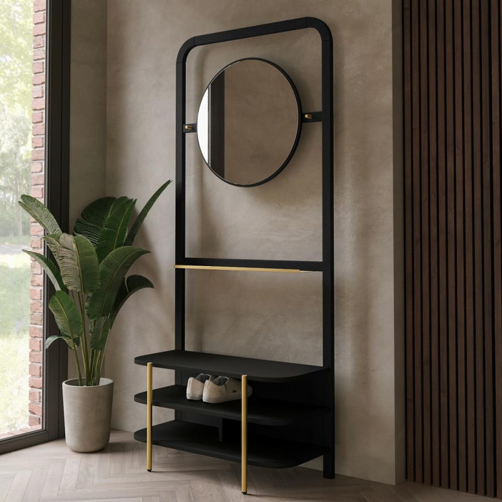 Black Eucalyptus Wood Hall Tree With Mirror And Shoe Rack – Joana Hallway