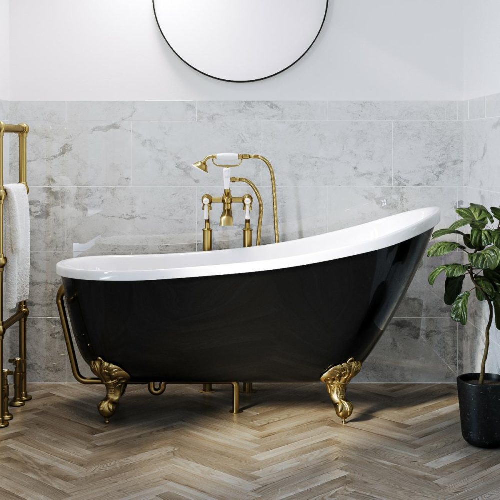 Black Freestanding Single Ended Roll Top Slipper Bath With Brushed Brass Feet 1625 X 695Mm – Lunar Bathroom