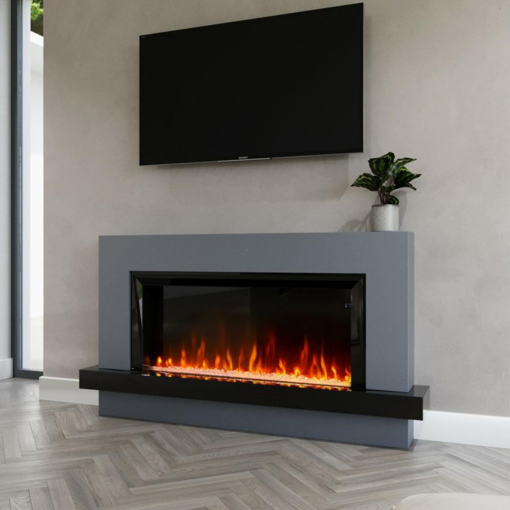 Black & Grey Freestanding Electric Fireplace With Led Lights 62 Inch – Amberglo Fireplace Suites