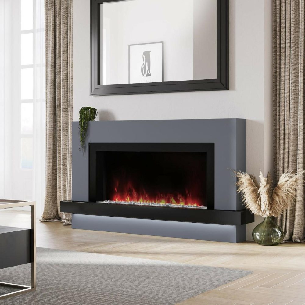 Black & Grey Freestanding Electric Fireplace With Led Lights 62 Inch – Amberglo Fireplace Suites