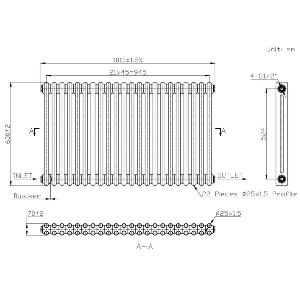 Black Horizontal 2 Column Traditional Radiator 600 X 1010Mm – Nambi Heating